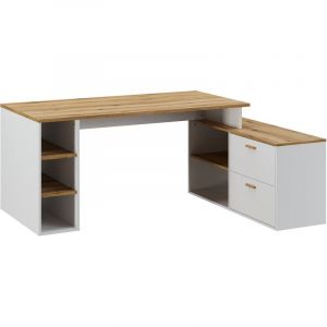 Bureau d'angle en m&eacute;lamine coloris imitation ch&ecirc;ne artisan / blanc - Longueur 183 x profondeur 141 x Hauteur 75 cm