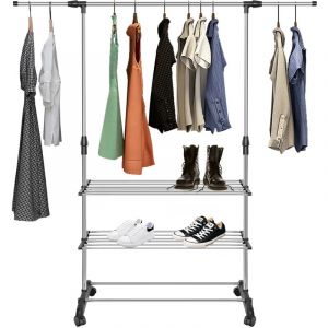 Portant à vêtement avec 3 niveaux étagères à Chaussures Haloyo avec roulettes,penderie à vêtements portable extensible,tringle réglable hauteur