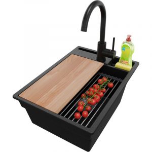 PRIMAGRAN Evier Cuisine en Granit 38x53cm, Lavabo 1 bac + Kit de Vidage + Accessoire, Évier à Encastrer au meuble 40cm - Oslo Pocket, Noir Métallisé