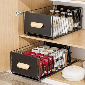 Tiroir Coulissant Cuisine, 24x40x17CM Organiseurs de Placards, pas Besoin de Percer Panier Coulissant Cuisine pour Rangement Dressing,Noir