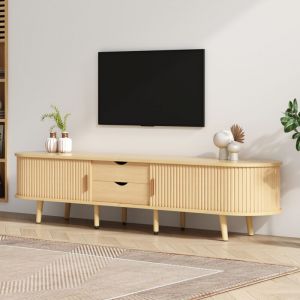 Meuble TV de salon avec espace de rangement et plateau rond, MDF aspect bois, 2 tiroirs, charge maximale 30 kg, dimensions 175 x 40 x 42 cm