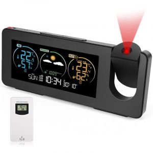 Station Météo Interieur Exterieur Sans Fil, Thermomètre et Hygromètre avec Projection, Capteur, Prévisions Météorologiques, Alarme, Date Heure,