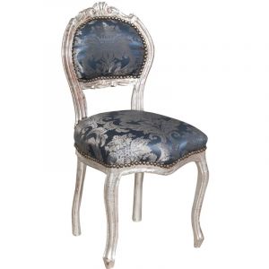 Chaise en bois Louis xvi 90x42x45 Chaise argentée Fauteuil de chambre style français Chaises baroques Fauteuil rembourré bleu