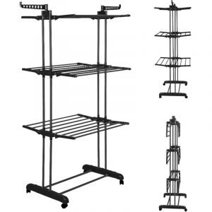Séchoir à linge pliable à 3 niveaux, grand séchoir à roulettes, 75x4x170cm, avec ailes rabattables avec espace de rangement pour chaussures