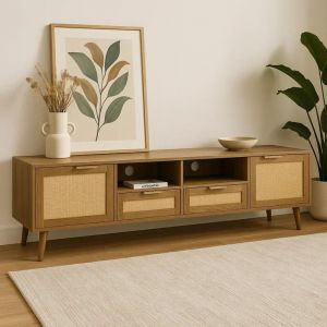 URBAN MEUBLE Buffet en rotin tress&eacute; pieds en bois massif 200x37x49cm