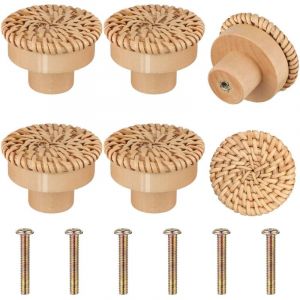 6 Pi&egrave;ces Boutons de Meuble en Rotin Bois, Poign&eacute;e Meuble Bois, Bouton de Tiroir, Boutons de Portes pour Placards, Boutons de Meuble Rond en Bois,