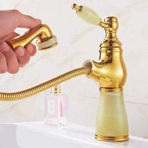 Robinet extractible Jade, robinet de baignoire monotrou, mitigeur de lavabo, robinet de lavabo &agrave; eau froide/chaude mont&eacute; sur comptoir (couleur : or)