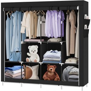 Armoire de Rangement Armoire en Tissu Intiss&eacute; Penderie pour V&ecirc;tement Fermeture &agrave; Glissi&egrave;re 4 Barres pour Chambre Noir