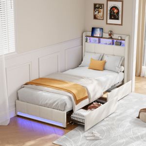 FOERPL-Lit Simple 90x200 cm avec LED et USB, Lit Coffre 90x200 avec 2 Tiroirs, Cadre de Lit Capitonn&eacute;e avec Sommier &agrave; Lattes, Tete de Lits Rembourr&eacute;