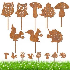 Dog's Booty Lot de 8 piquets de jardin en m&eacute;tal rouill&eacute; - D&eacute;coration d'automne - Hibou - H&eacute;risson - &Eacute;cureuil - Champignon - D&eacute;coration de jardin pour