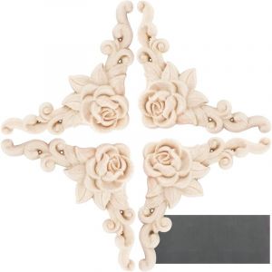 4PCS Bois Sculpt&eacute; de Rose Fleur Applique en Bois non Peint Moulure D&eacute;corative avec Papier Abrasif Cadre Coin Onlay pour Porte Meubles Cabinet Mural