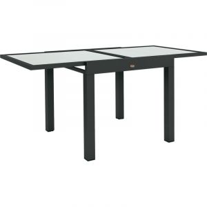 Table de jardin extensible, table de repas d'ext&eacute;rieur avec structure en aluminium et plateau en verre tremp&eacute;, 80/160 x 80 x 75 cm, noir et