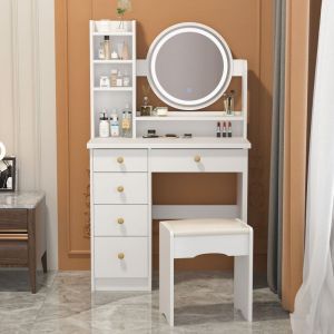 Fufu&gaga - Coiffeuse avec miroir et led, coiffeuse avec 5 tiroirs, étagères, commode et tabouret rembourré Longueur 80 x largeur 40 cm x hauteur 132