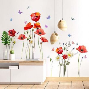 Sticker mural coquelicot fleur rouge Stickers muraux plantes papillon Stickers muraux chambre salon cuisine décoration murale