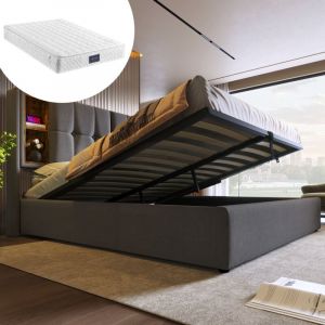 Lit coffre 160x200 cm Lit doubles pour adultes/enfants, tête de lit avec compartiments de rangement, usb, coton, matelas inclus, gris foncé