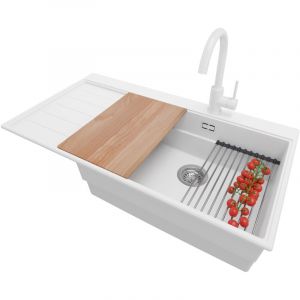 PRIMAGRAN Evier Cuisine en Granit 90x50cm,Lavabo 1 bac + Robinet 32x20cm + Kit de Vidage + Accessoires, &Eacute;vier &agrave; Encastrer au meuble 60cm - Sydney,