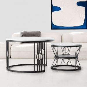 Table basse gigogne ronde, ensemble de 2 tables basses modernes avec plateau en marbre artificiel, table gigogne blanche avec cadre en m&eacute;tal noir,