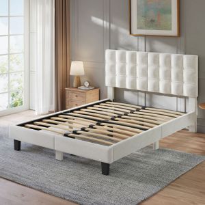 Lit Double 140x200 cm HavenlyHome - Structure de Lit avec Sommier &agrave; Lattes - Lit Capitonn&eacute; avec T&ecirc;te de Lit - Lit Adulte pour 2 Personne- BLANC