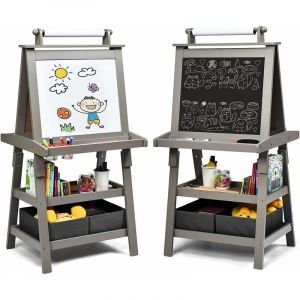 Chevalet pour Enfants 3 en 1 Tableau de Dessin Magnétique Double Faces (Tableau Blanc + Tableau Noir) avec Rouleau de Papier Gris - Costway