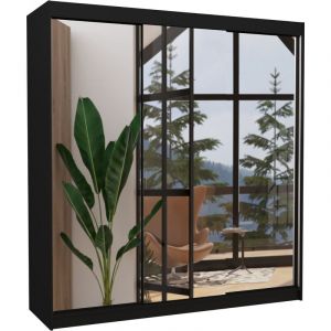 Les Tendances - Armoire chambre adulte 2 portes coulissantes bois noir et miroir Kostina 200cm