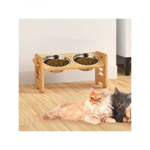 Gamelle Chien Surelevee, Porte Gamelle pour Chat et Petit Chien R&eacute;glable, Durable Bambou Support Gamelle Chien Sur&eacute;lev&eacute;e avec 2 Bols en Acier
