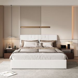 Lit Coffre 160x200cm avec Ports USB,Lit Double avec sommier &agrave; lattes,Lit capitonn&eacute; avec Rangement,pour Adulte Adolescent,Lit moderne,Peluche,blanc