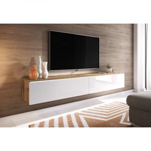 Bratex - Meuble tv Lowboard d 180 cm, meuble tv sans éclairage led, meuble tv suspendu, coloris wotan/blanc brillant