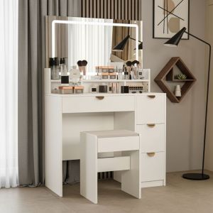 Coiffeuse avec tabouret, miroir LED, prise USB, &eacute;tag&egrave;res ouvertes, compartiments et 4 tiroirs de rangement, bureau de maquillage 90x40x140 cm, style