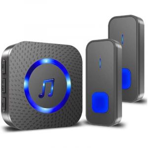 Sonnette sans Fil Carillon de Porte Exterieur IP55 &Eacute;tanche &agrave; 400M Deux Bouton Emetteurs avec Un R&eacute;cepteur Enfichable, Indicateur LED Bleu, 5 Niveaux