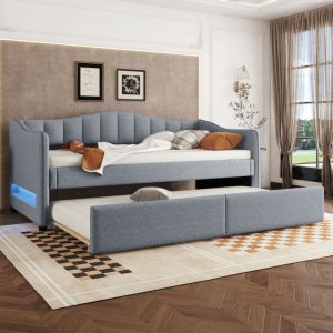 Redom - M&eacute;ridienne, m&eacute;ridienne 90x200cm avec lit gigogne, canap&eacute;-lit, lit simple (sans matelas), design lumi&egrave;re ambiante, lin, style minimaliste, gris