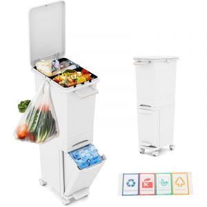 GOPLUS 3 en 1 Poubelle Cuisine sur Roulettes, Poubelle de Tri 32 L avec Couvercle et Tiroir de Rangement P&eacute;dale en Plastique pour Cuisine, Salle de