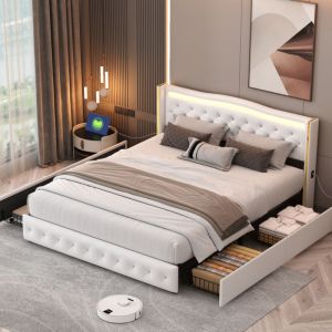 Lit coffre 160 x 200 cm avec tiroirs,lit 2 Personnes led avec rangement,4 tiroirs,chargement deux côtés,cadre de lit avec sommier à