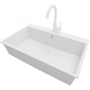 Primagran - Evier Cuisine en Granit 78x50cm, Lavabo 1 bac + Robinet 32x20cm + Kit de Vidage, &Eacute;vier &agrave; Encastrer au meuble 80cm - Riga, Tout Blanc