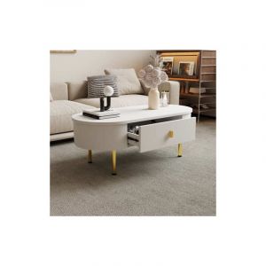 Okwish - Table basse blanche avec 2 tiroirs, poignées et pieds dorés, coins arrondis, 108x50x40 cm