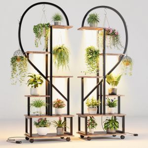 Hoerfuriy - Lot de 2 Grand Porte Plante Intérieur en Fer Forgé Étagère avec lampe de culture Plantes Support Pot de Fleurs en Métal pour Balcon Salon