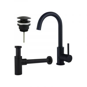 Fugaflow - Eccelente Sobrado Kit robinet lavabo - robinet haut - bec rotatif - bonde clic clac - siphon design - Noir mat