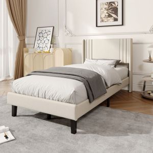 BSMGSGN-Lit de rangement beige 90x200 cm avec sommier &agrave; lattes, lit simple adulte avec rangement sous le lit, t&ecirc;te de lit capitonn&eacute;e en lin,