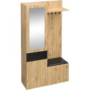 URBAN MEUBLE Vestiaire &agrave; l'entr&eacute;e effet bois 3 portes 1 tiroir avec miroir, banc et meuble &agrave; chaussures, porte-manteau mural PEAKGLEN