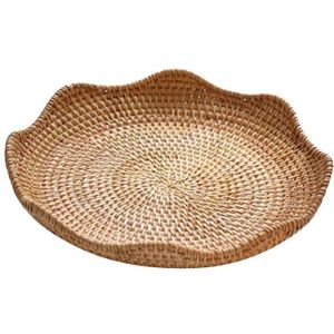 Plateau de service rond en rotin, r&eacute;cipient de rangement pour aliments, pr&eacute;sentoir en osier pour la cuisine, 23 cm x 4 cm