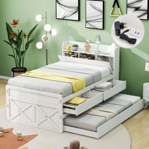 Lit simple 90x190 cm, avec deux tiroirs coulissants et lit rabattable , avec chevet rangement et prise usb, pin massif, sommier à lattes, adapté aux