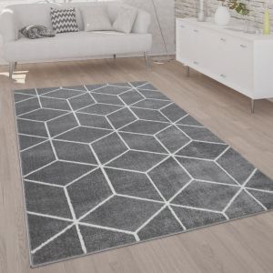 Paco Home - Tapis De Salon Poils Ras Style Scandinave Moderne Motif Diamant Gris Blanc Gris, 240x320 cm