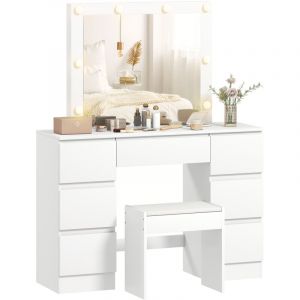 Coiffeuse avec miroir et tabouret table de maquillage avec miroir LED tabouret rembourré 7 tiroirs 110x39,5x140cm blanc