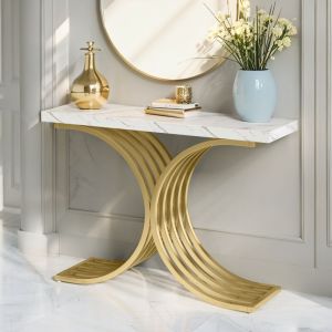 Console Meuble, 100 x 30 x 80 cm Table de Pr&eacute;sentation, Table Console Blanche Meuble, pour Couloir, Entr&eacute;e,Salon (Blanc et Dor&eacute;)