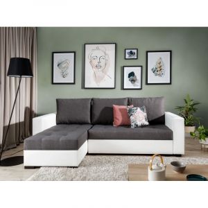 Les Tendances - Canap&eacute; d'angle convertible et r&eacute;versible tissu gris fonc&eacute; et simili cuir blanc Zelly 237cm