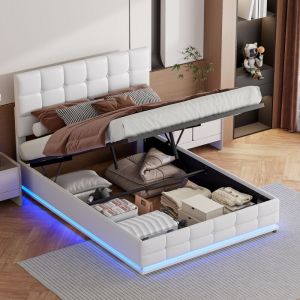 Tanant - Lit coffre 140x190 cm, tête de lit led à rayures verticales, sommier à lattes, rangement, cadre de lit, lit adulte, simili cuir - Blanc