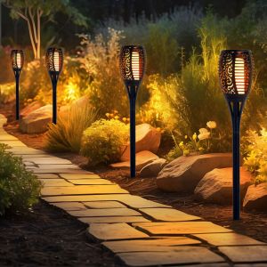 Lampe solaire effet feu torche solaire effet flamme lampe torche lampe de jardin lampe torche noire, plastique, ampoule led vacillante orange, h 78