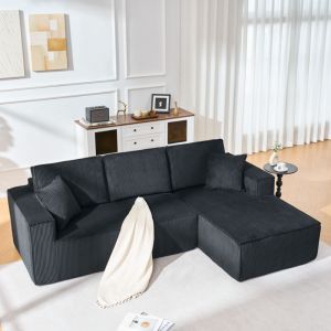 Canap&eacute; d&rsquo;angle modulable en L 235x128 cm 2 places avec m&eacute;ridienne, tissu velours c&ocirc;tel&eacute; , 2 coussins - noir - Droite