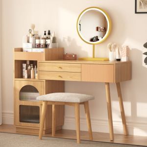 Ensemble coiffeuse 120 x 90 x 40 cm, table de maquillage avec miroir LED, 3 tiroirs et armoire lat&eacute;rale, naturel, sans tabouret