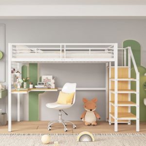 Tanant - Lit mezzanine enfant 90x200cm, avec table et armoire, marchepieds latéraux avec mains courantes, base en métal, cadre de lit en fer forgé,