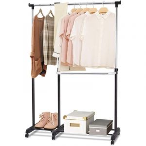 Portant &agrave; V&ecirc;tement Penderie &agrave; V&ecirc;tements Mobile T&eacute;lescopique Hauteur et Largeur R&eacute;glables avec 6 Roulettes Noir et Argent - Costway